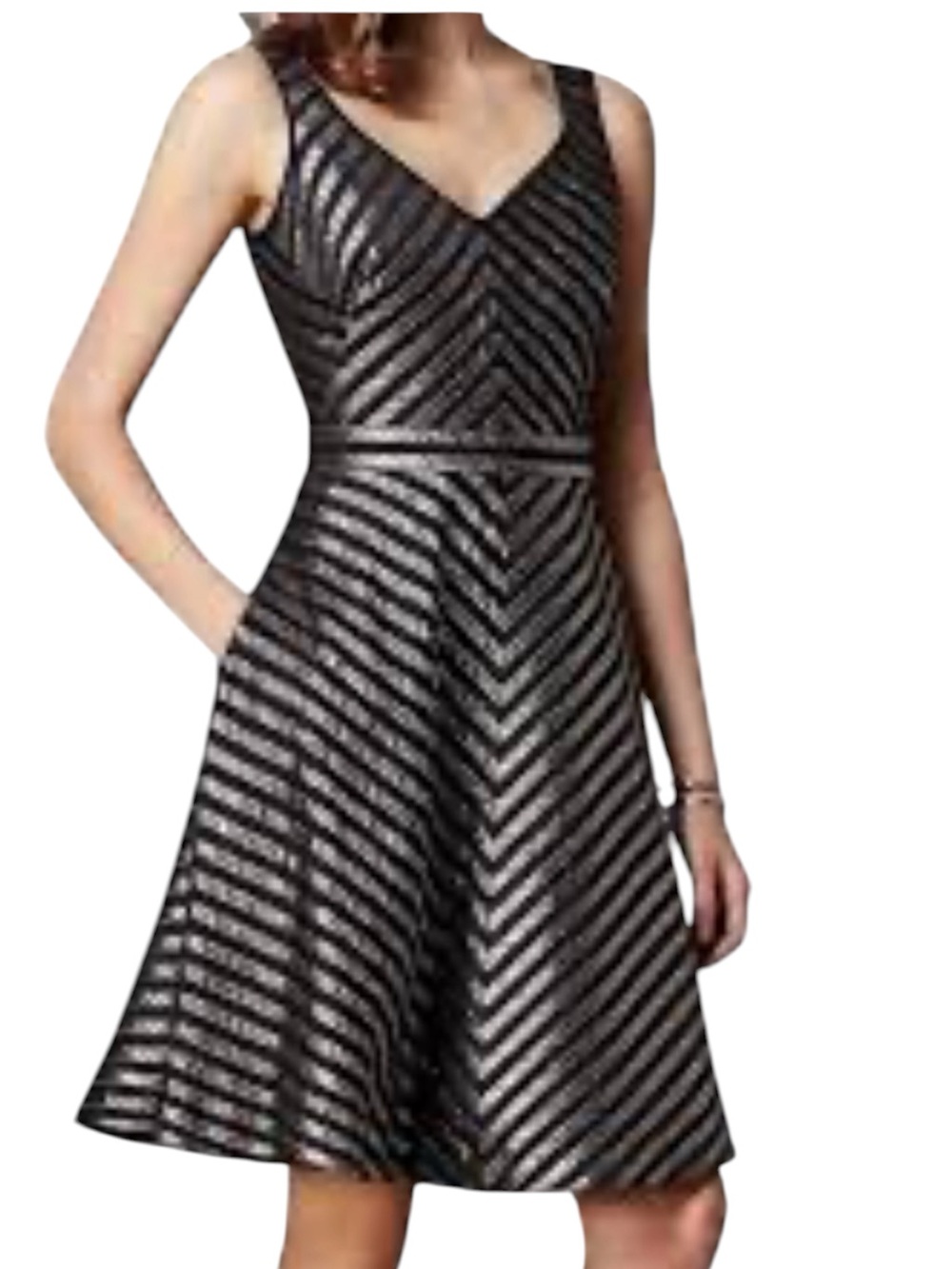 Karen Millen Black Metallic Chevron Fit-and-Flare Dress